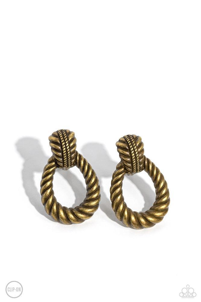 Roping Rodeo Brass Earrings - Paparazzi Accessories