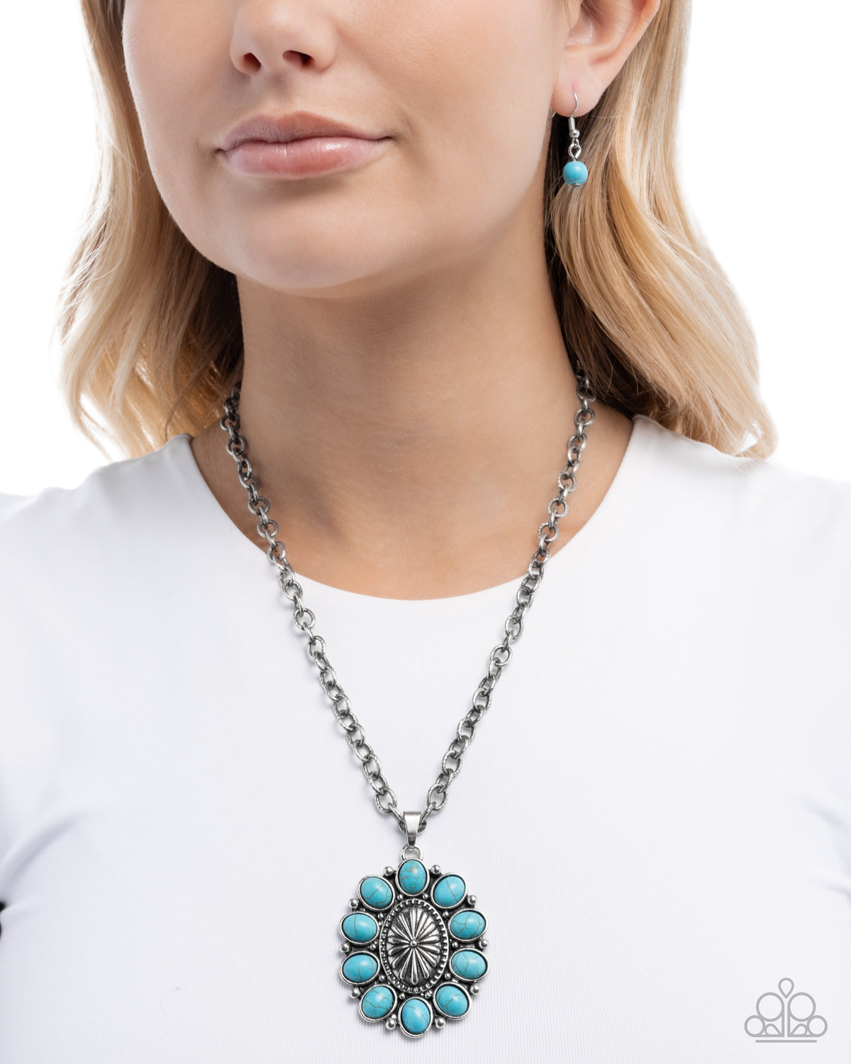 Santa Fe Score Turquoise Blue Stone Necklace - Paparazzi Accessories-on model - CarasShop.com - Paparazzi Jewelry by Cara Jewels