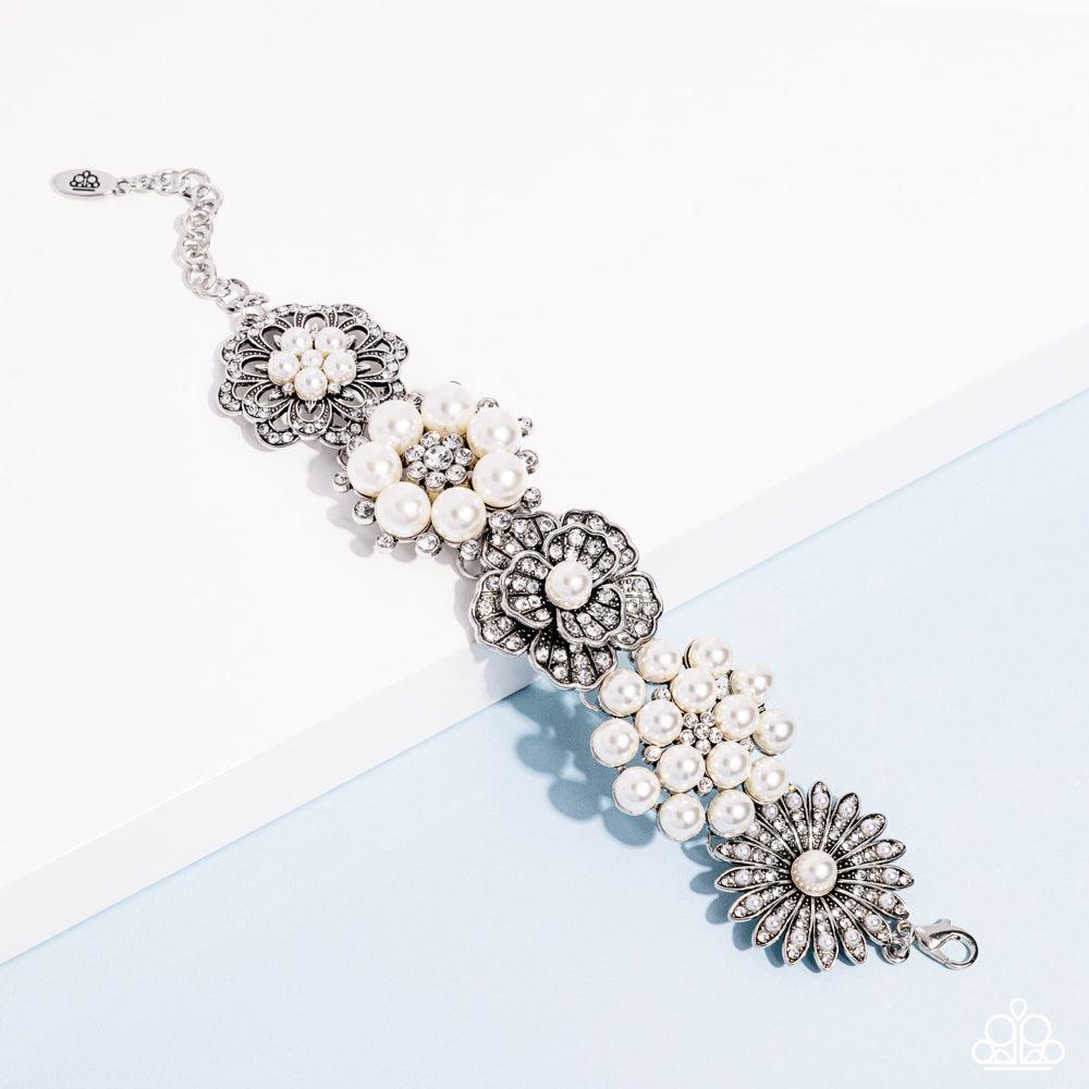 Self-Made White Pearl & Rhinestone Zi Collection Bracelet - Paparazzi Accessories - free matching earrings -CarasShop.com - Paparazzi Jewelry by Cara Jewels