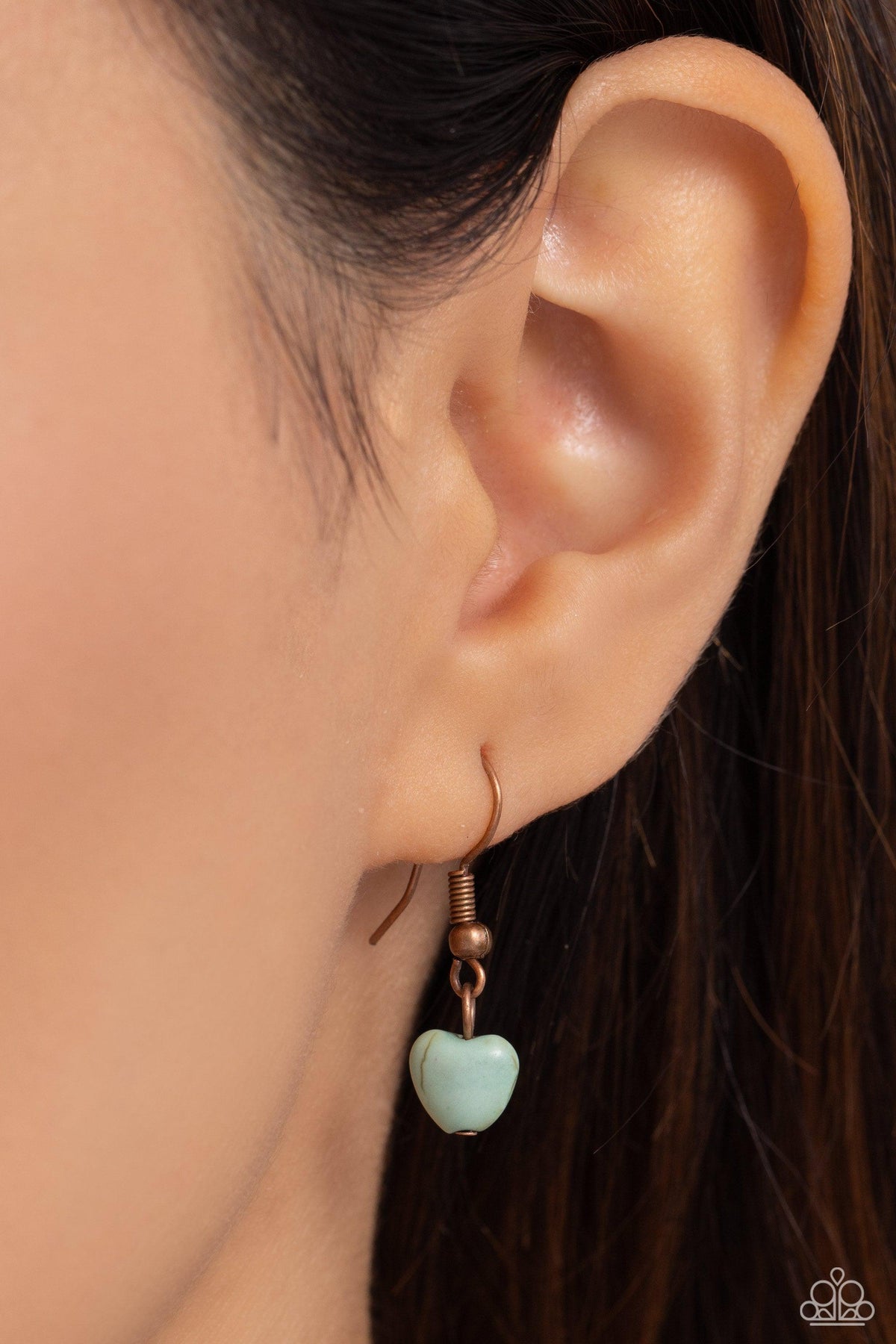 Sentimental Stones Copper & Blue Stone Heart Necklace - Paparazzi Accessories - free matching earrings -CarasShop.com - Paparazzi Jewelry by Cara Jewels