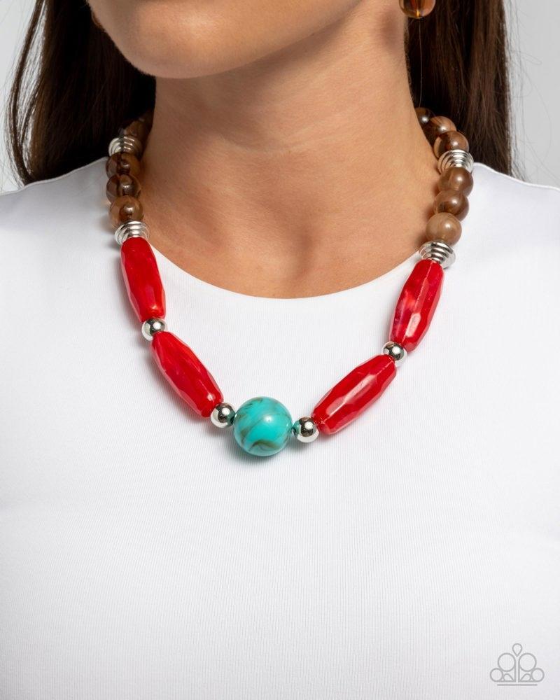 Sneaky Swirls Multi Red & Turquoise Acrylic Necklace - Paparazzi Accessories