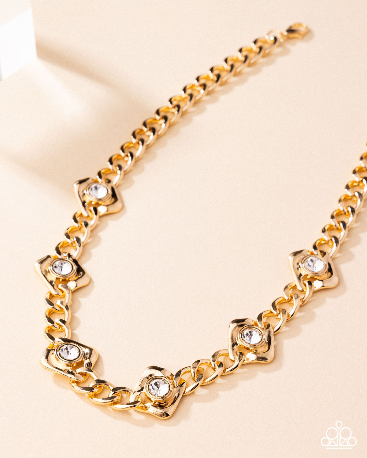 Square Silhouette Gold & White Rhinestone Necklace - Paparazzi Accessories