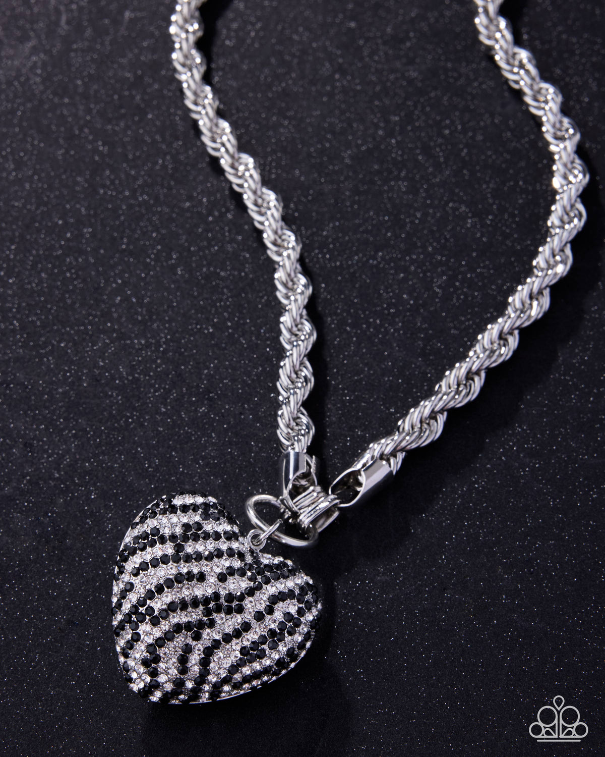 Striped Selfie Black & White Rhinestone Zebra Stripe Heart Necklace - Paparazzi Accessories