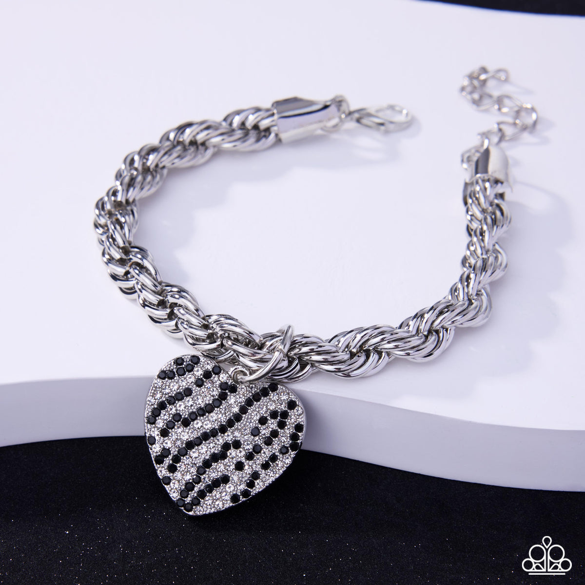 Striped Sentiment Black & White Rhinestone Zebra Stripe Heart Bracelet - Paparazzi Accessories