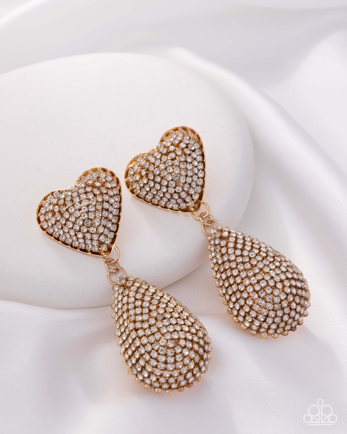 Sweetheart Sway Gold & White Rhinestone Heart Earrings - Paparazzi Accessories