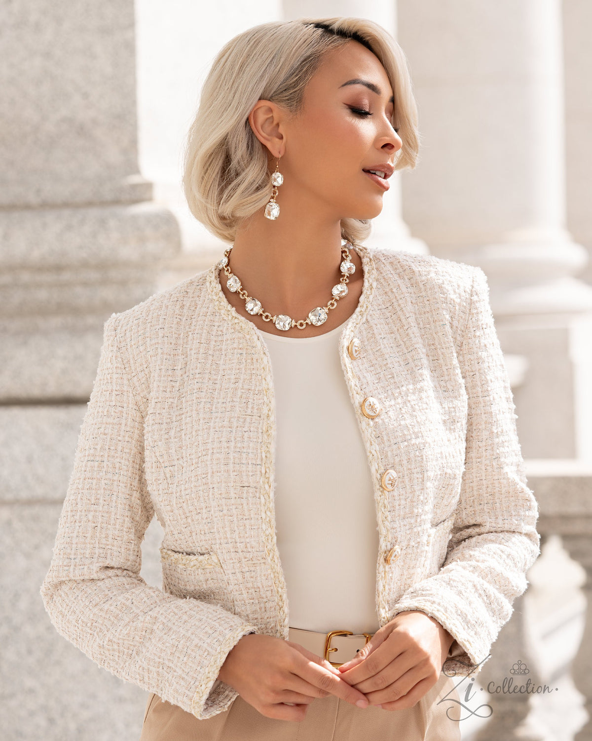 The Crystal 2024 Zi Signature Collection Necklace - Paparazzi Accessories stylized on model in casual dress - CarasShop.com - Paparazzi Jewelry by Cara Jewels