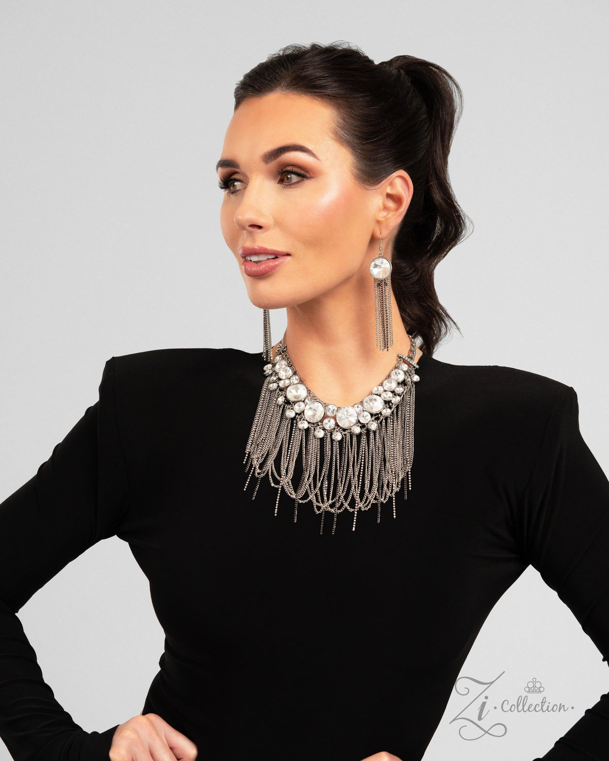 The Jennifer 2024 Zi Signature Collection Necklace - Paparazzi Accessories stylized on model wearing black - CarasShop.com - Paparazzi Jewelry by Cara Jewels