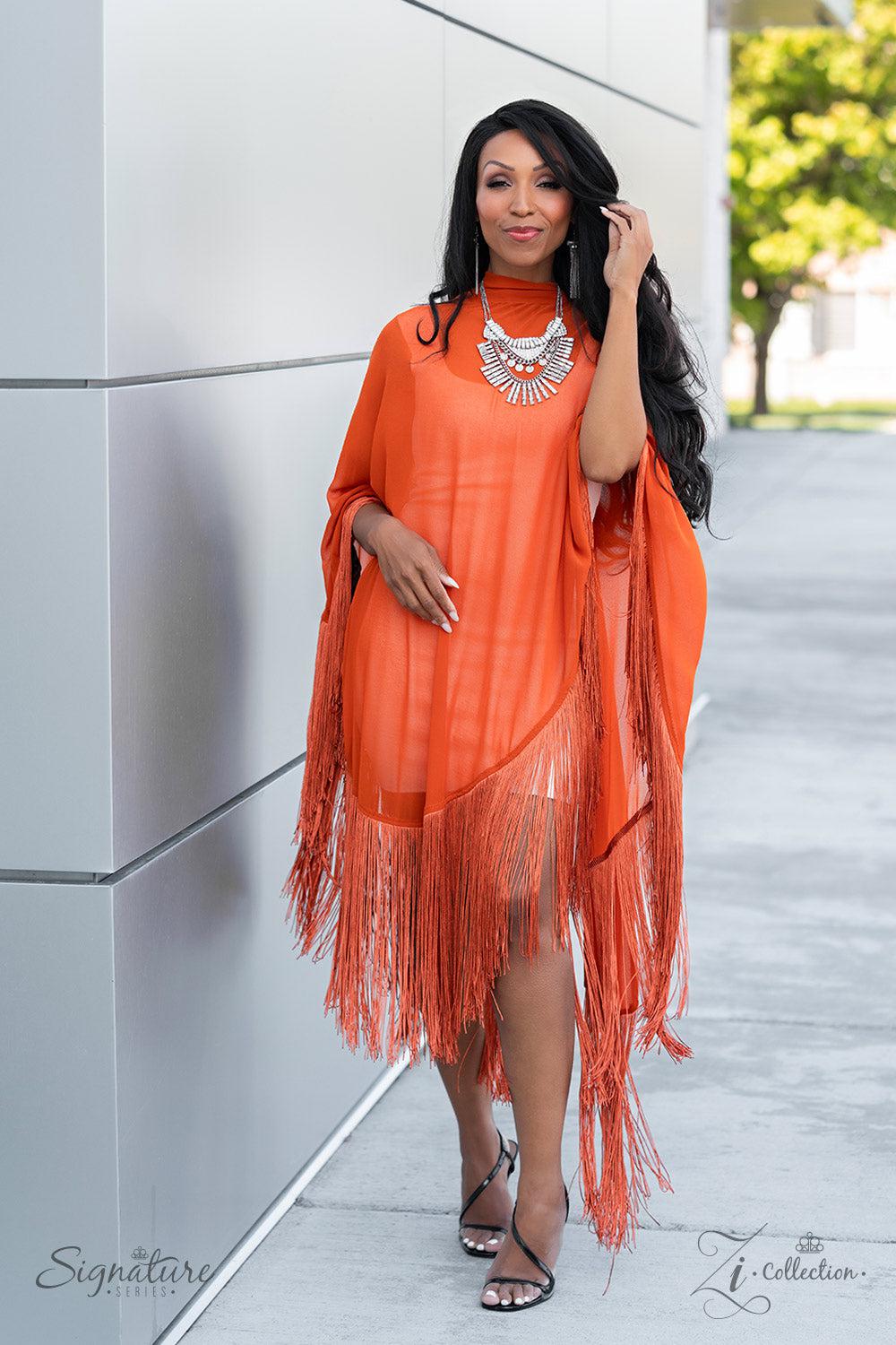 The Nedra 2023 Zi Signature Collection Necklace - Paparazzi Accessories stylized on model in casual dress - CarasShop.com - Paparazzi Jewelry by Cara Jewels