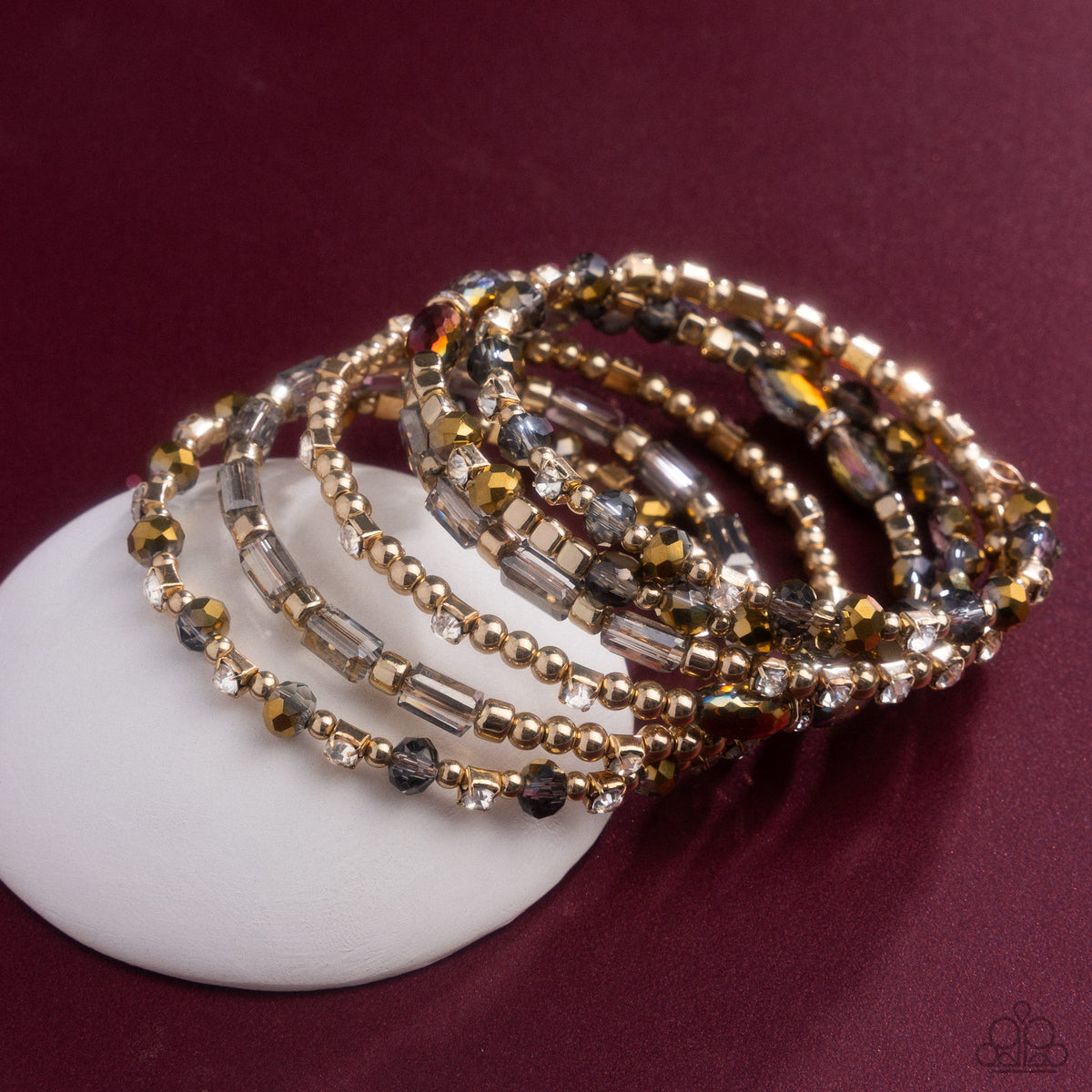 Timeless Tango Gold, Silver & White Rhinestone Coil Bracelet - Paparazzi Accessories
