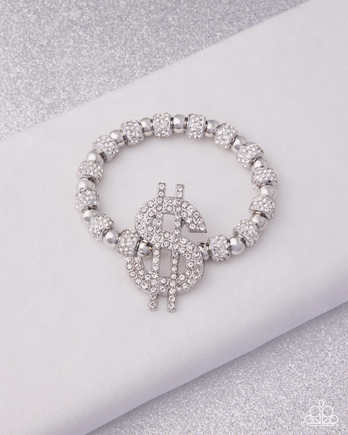 Wealthy Whimsy White Rhinestone Dollar Sign Bracelet - Paparazzi Accessories