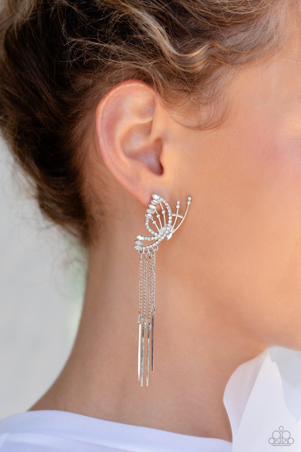 A Few Of My Favorite WINGS White Rhinestone Butterfly Earrings - Paparazzi Accessories- on model - CarasShop.com - Paparazzi Jewelry by Cara Jewels