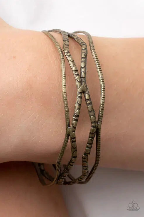 A Narrow ESCAPADE Brass Bracelet - Paparazzi Accessories- lightbox - CarasShop.com - Paparazzi Jewelry by Cara Jewels