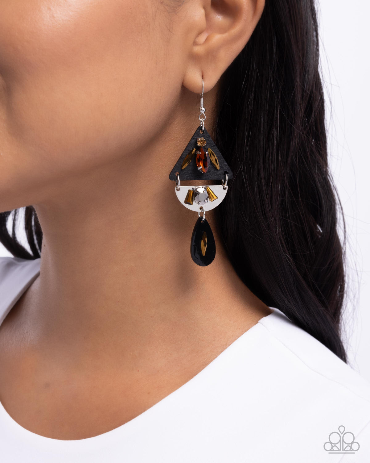 Abstract Articulation Black & Aurum Rhinestone Earrings - Paparazzi Accessories- on model - CarasShop.com - Paparazzi Jewelry by Cara Jewels