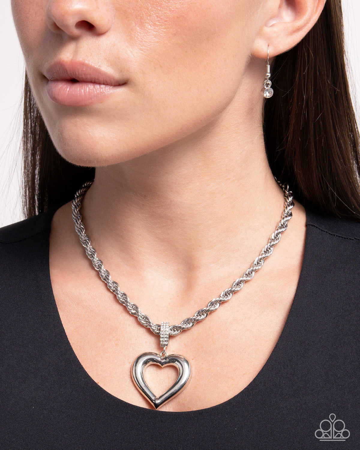 Admirable Academy White Rhinestone Heart Necklace - Paparazzi Accessories- on model - CarasShop.com - Paparazzi Jewelry by Cara Jewels