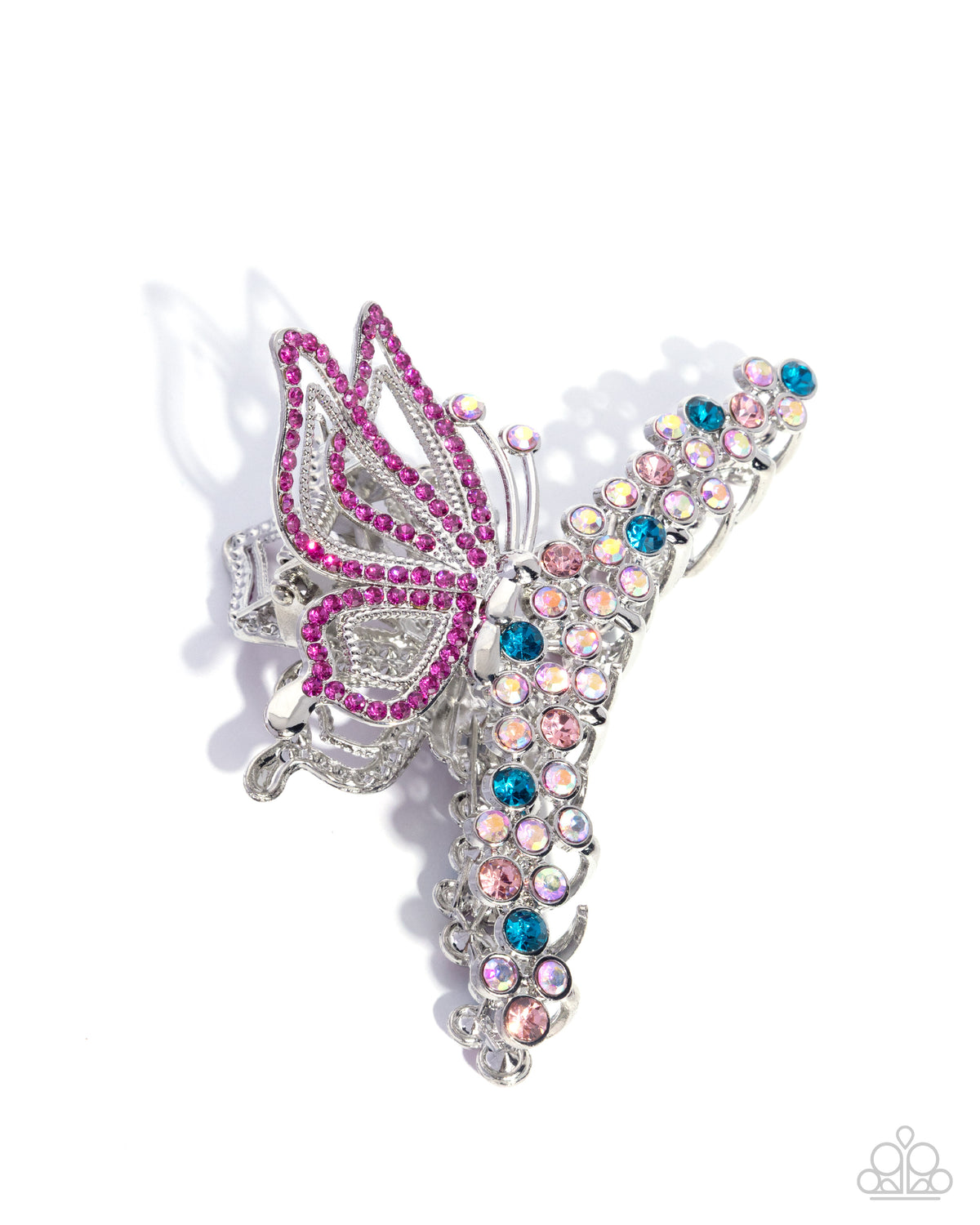 Admirable Administration Pink & Blue Rhinestone Butterfly Hair Claw Clip - Paparazzi Accessories-on model - CarasShop.com - Paparazzi Jewelry by Cara Jewels