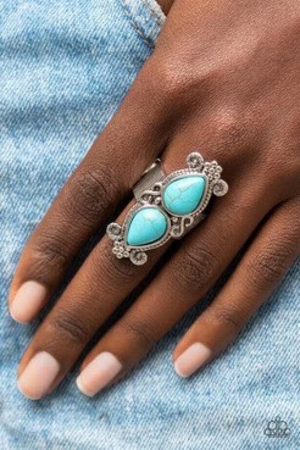 Adobe Garden Turquoise Blue Stone Ring - Paparazzi Accessories- on model - CarasShop.com - Paparazzi Jewelry by Cara Jewels