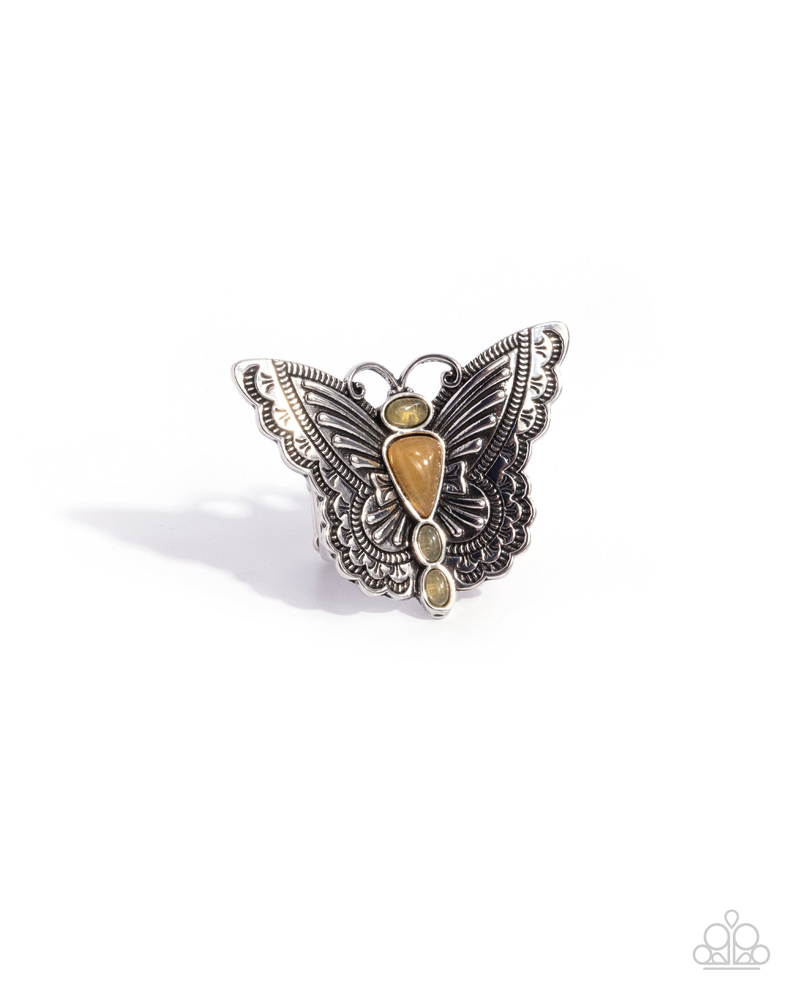 Adolescent Aerial Orange Stone & Silver Butterfly Ring - Paparazzi Accessories- lightbox - CarasShop.com - Paparazzi Jewelry by Cara Jewels