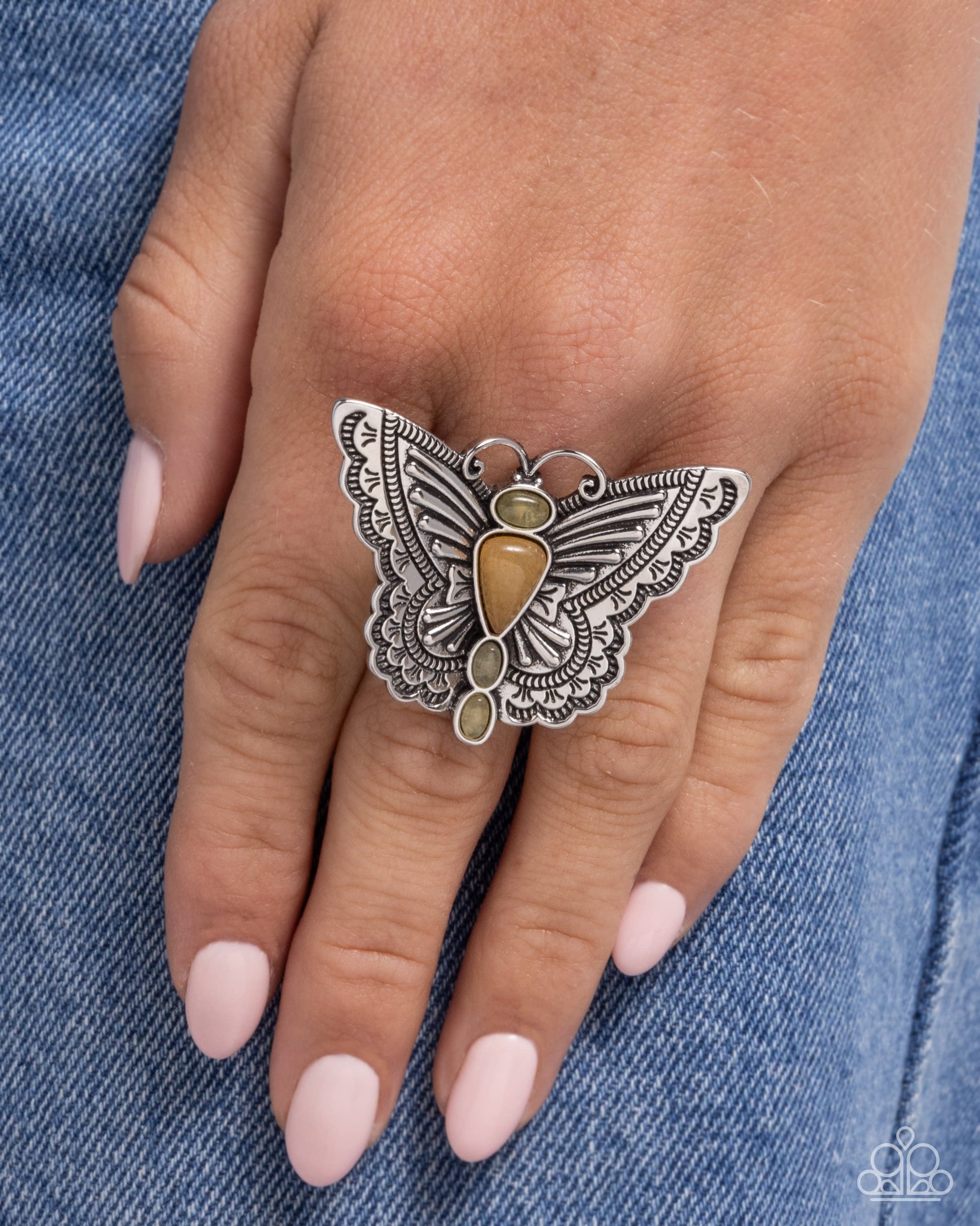 Adolescent Aerial Orange Stone & Silver Butterfly Ring - Paparazzi Accessories- lightbox - CarasShop.com - Paparazzi Jewelry by Cara Jewels