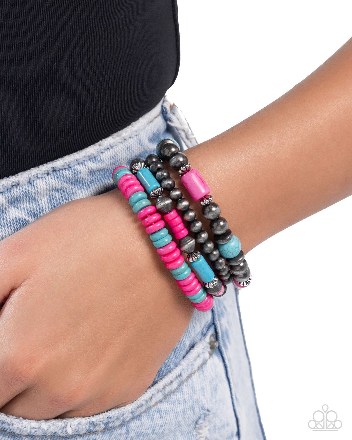 Adorably Abundant Pink, Turquoise Stone & Silver Bracelet - Paparazzi Accessories- on model - CarasShop.com - Paparazzi Jewelry by Cara Jewels