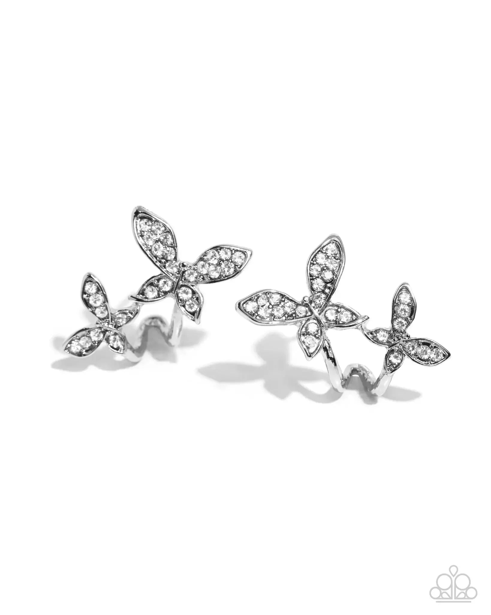 Adorably Aerial White Rhinestone Butterfly Hoop Earrings - Paparazzi Accessories- lightbox - CarasShop.com - Paparazzi Jewelry by Cara Jewels