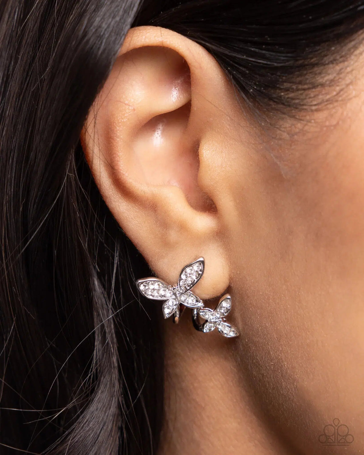 Adorably Aerial White Rhinestone Butterfly Hoop Earrings - Paparazzi Accessories- on model - CarasShop.com - Paparazzi Jewelry by Cara Jewels