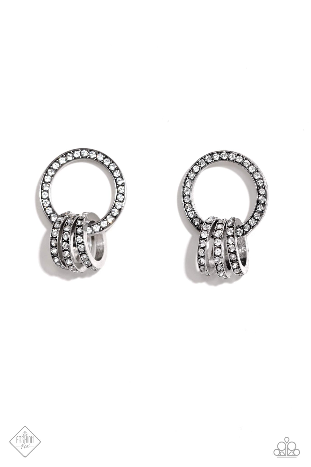 Adorned Allegiance White Rhinestone & Gunmetal Earrings - Paparazzi Accessories- lightbox - CarasShop.com - Paparazzi Jewelry by Cara Jewels