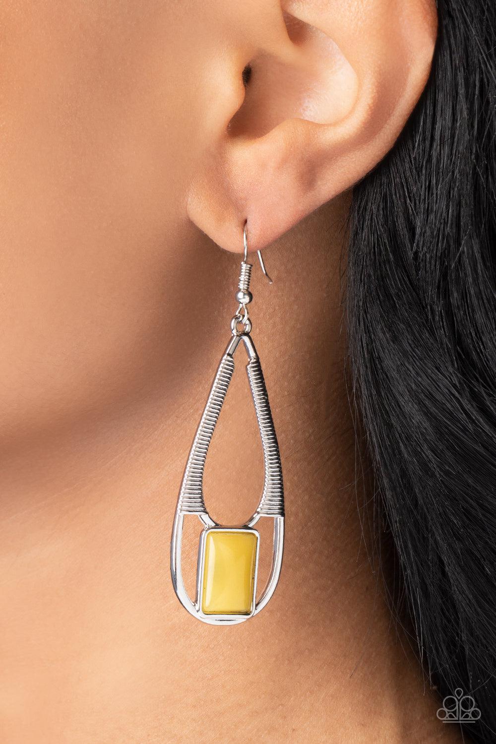 Adventure Story Yellow Earrings - Paparazzi Accessories- on model - CarasShop.com - Paparazzi Jewelry by Cara Jewels