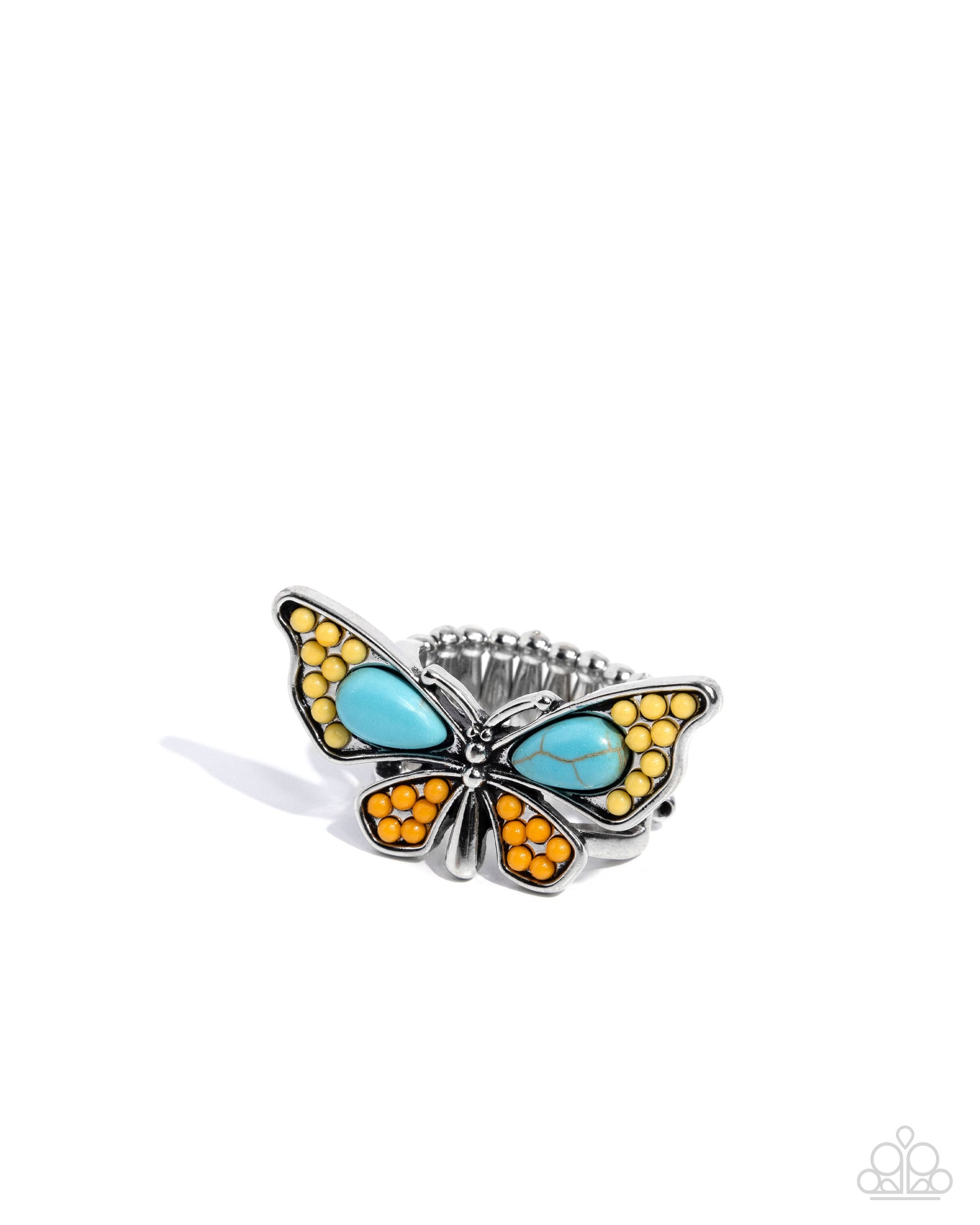 Aerial Acceleration Yellow & Turquoise Butterfly Ring - Paparazzi Accessories- lightbox - CarasShop.com - Paparazzi Jewelry by Cara Jewels