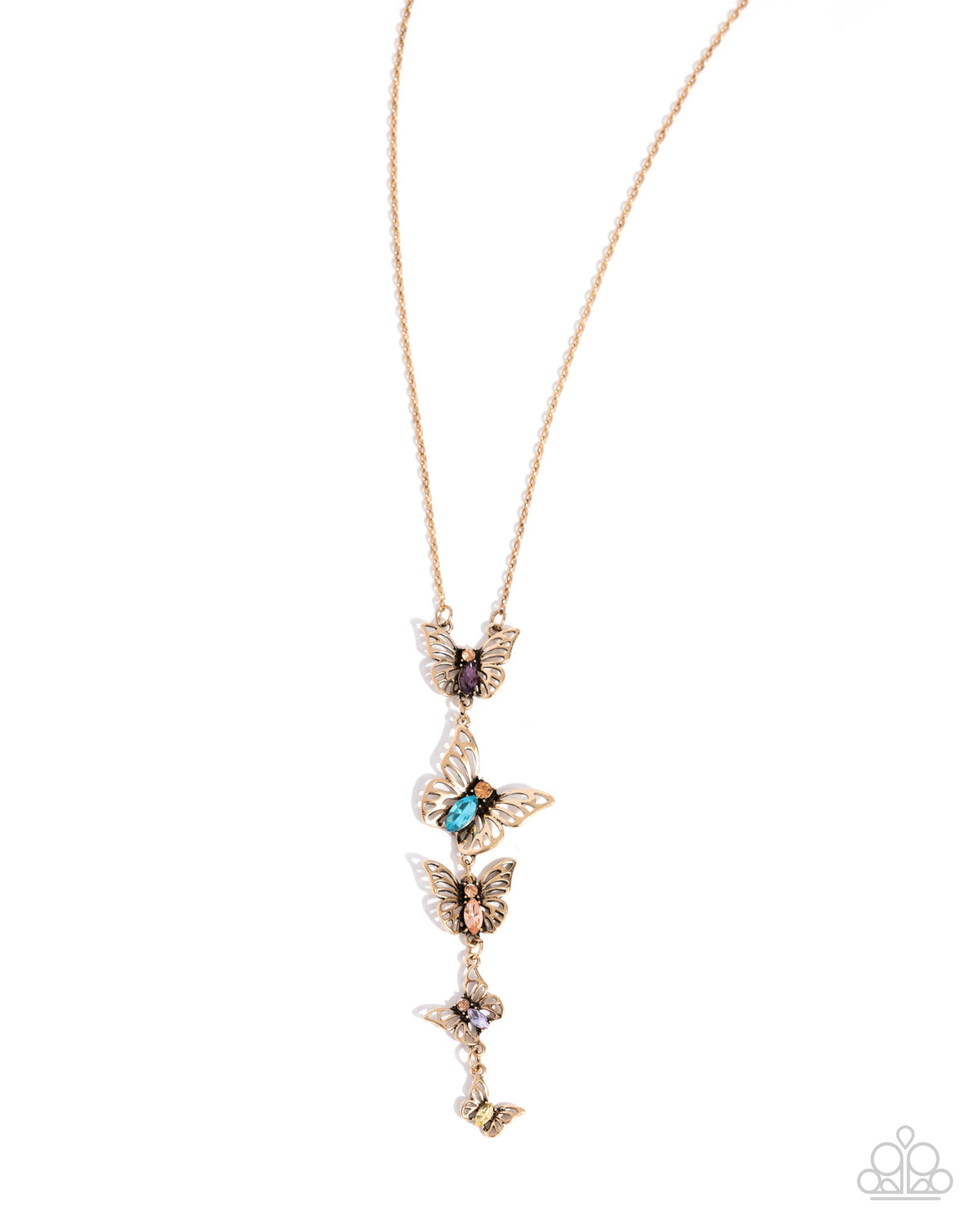 Aerial Addition Multi Rhinestone & Gold Butterfly Necklace - Paparazzi Accessories- lightbox - CarasShop.com - Paparazzi Jewelry by Cara Jewels