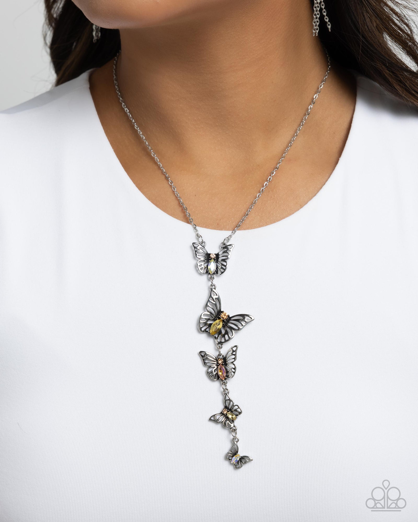 Aerial Addition Yellow Rhinestone Butterfly Necklace - Paparazzi Accessories- lightbox - CarasShop.com - Paparazzi Jewelry by Cara Jewels