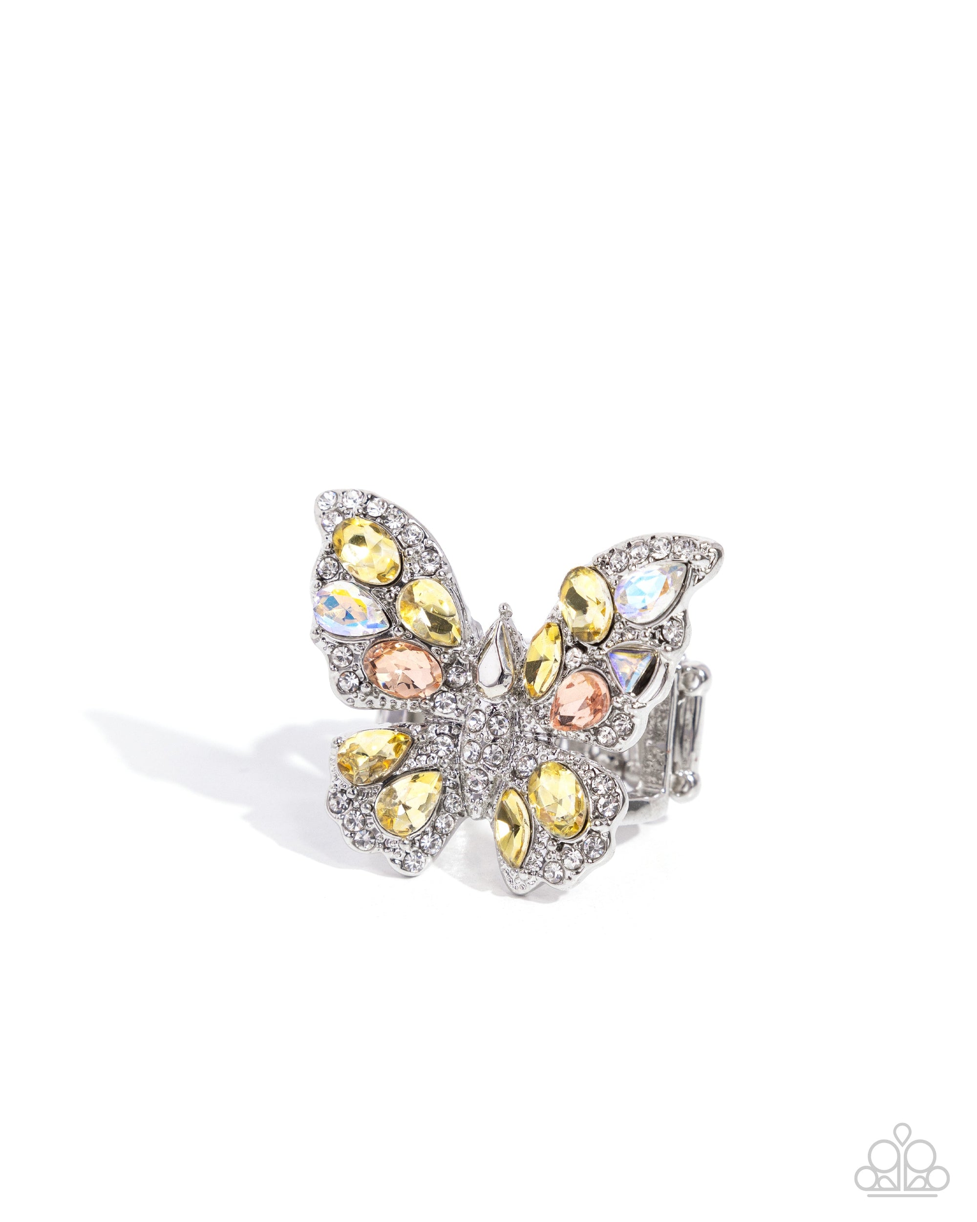 Aerial Admittance Yellow & Peach Rhinestone Butterfly Ring - Paparazzi Accessories- lightbox - CarasShop.com - Paparazzi Jewelry by Cara Jewels