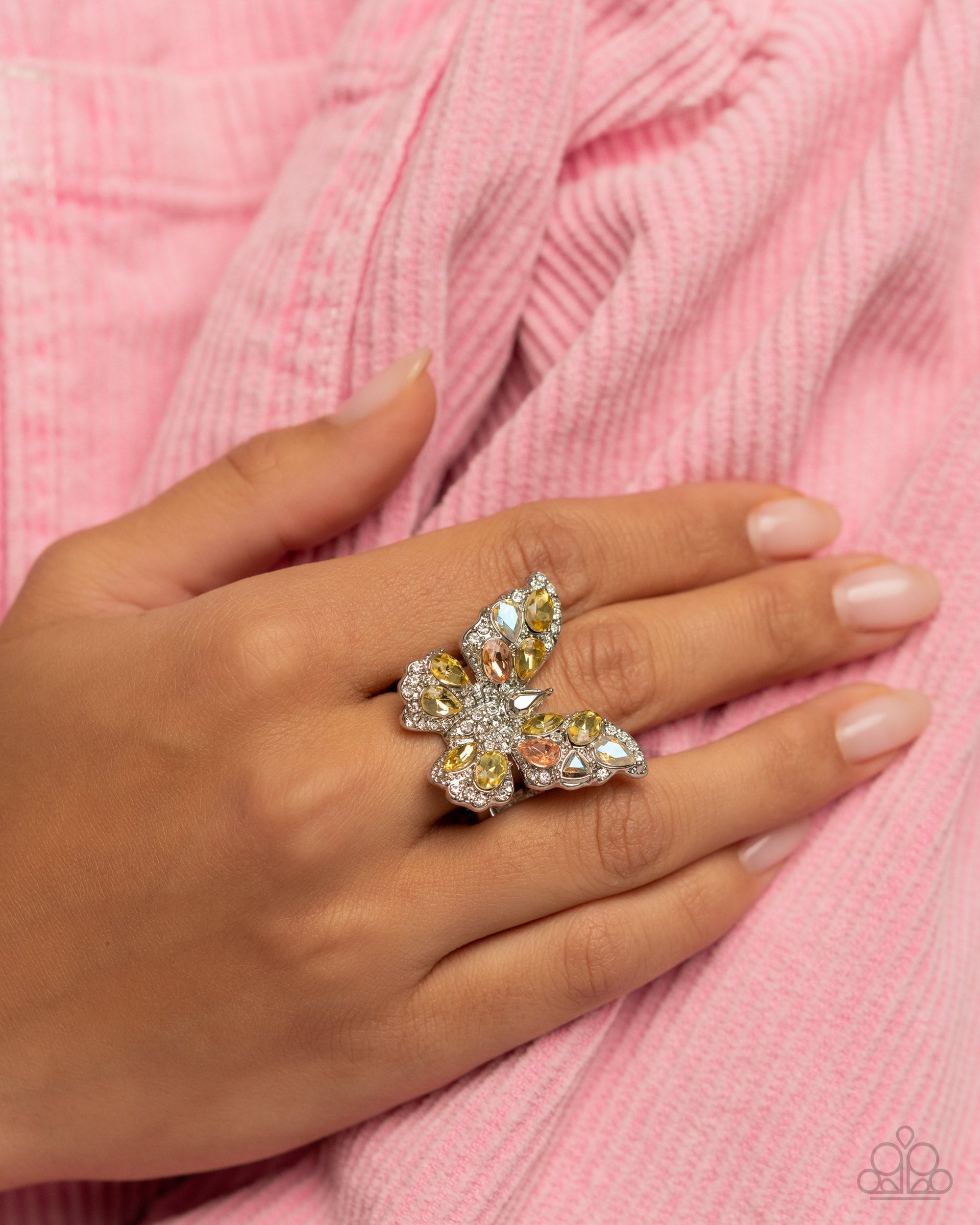 Aerial Admittance Yellow & Peach Rhinestone Butterfly Ring - Paparazzi Accessories- lightbox - CarasShop.com - Paparazzi Jewelry by Cara Jewels