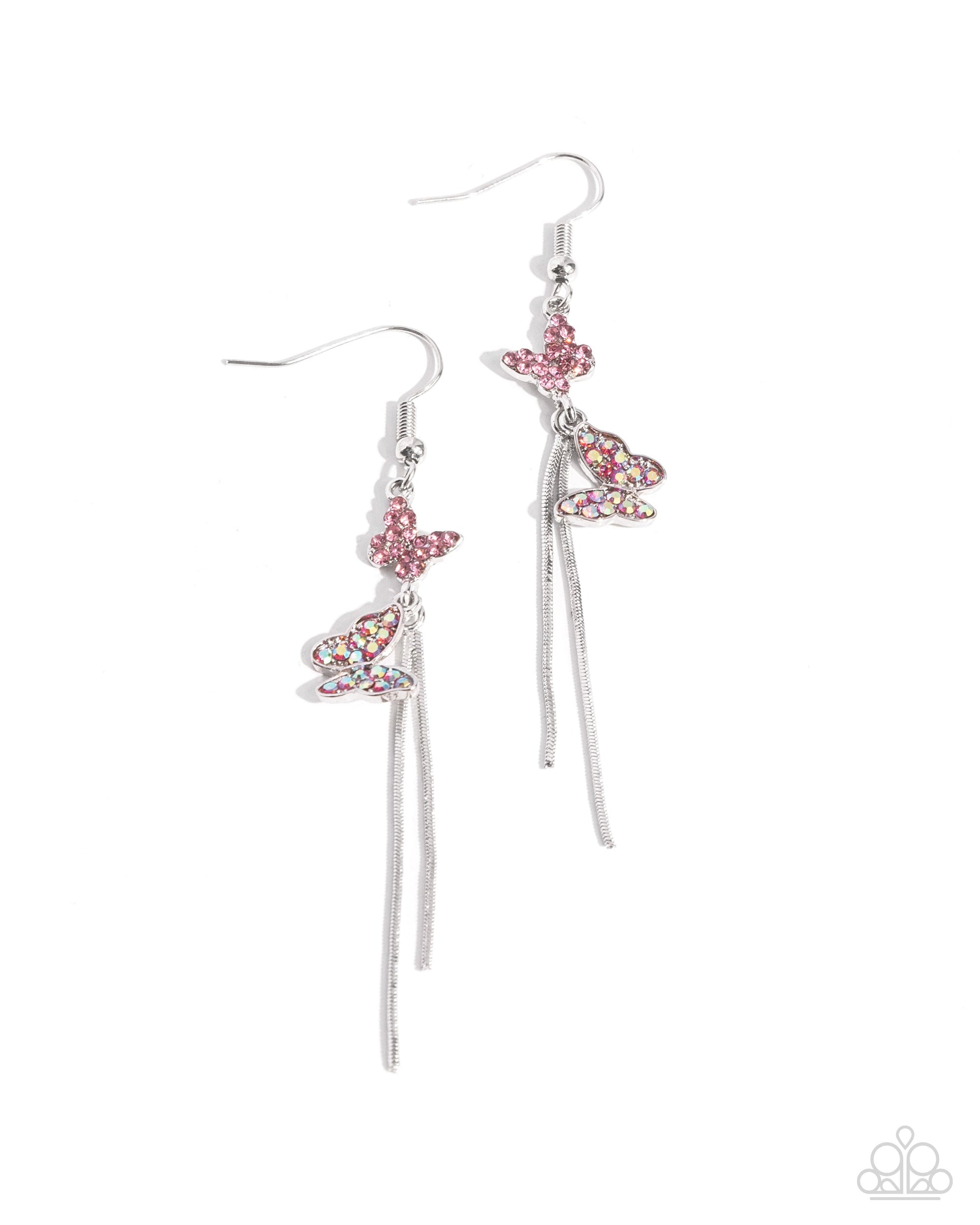 Aerial Affection Pink Rhinestone Butterfly Earrings - Paparazzi Accessories- lightbox - CarasShop.com - Paparazzi Jewelry by Cara Jewels