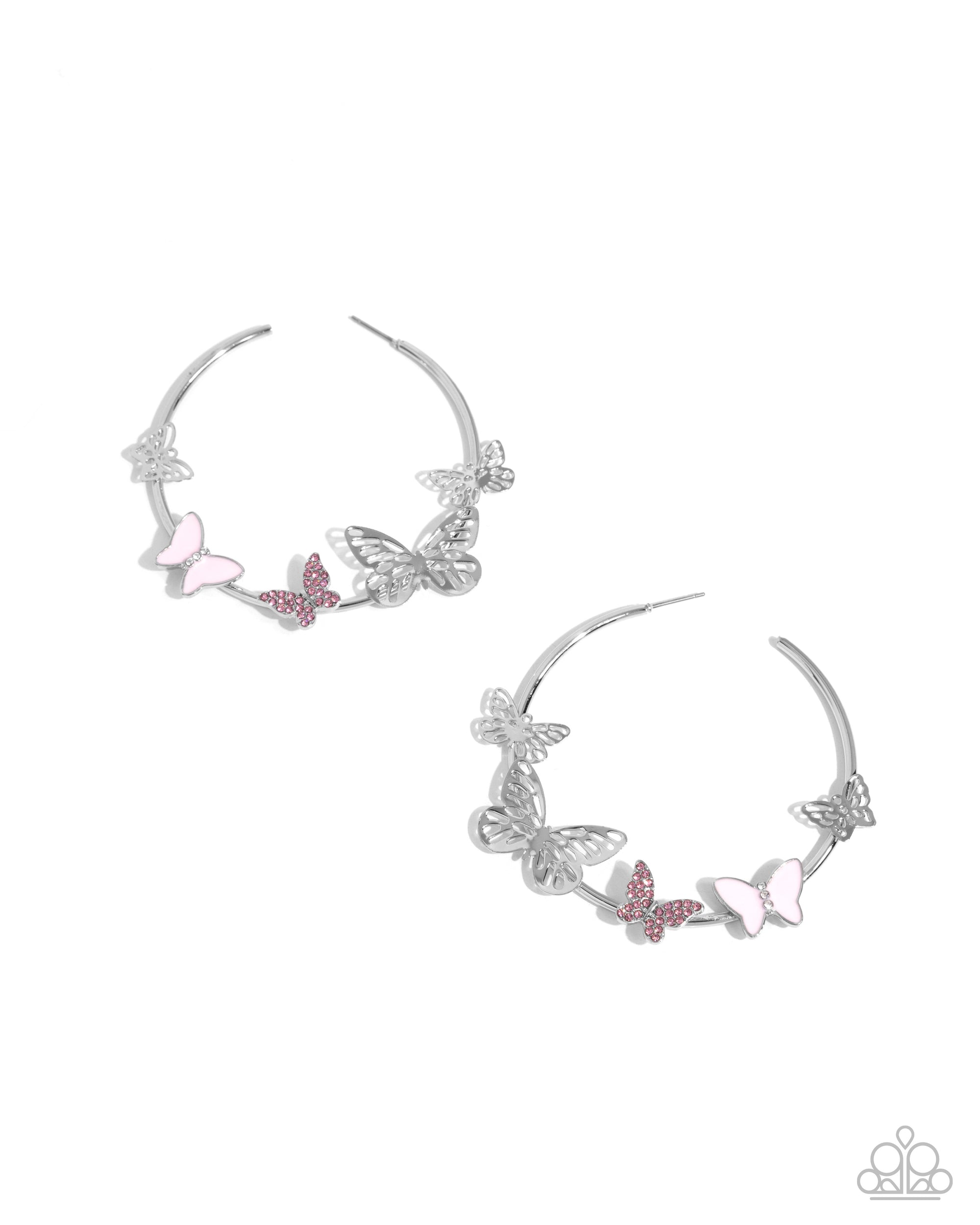 Aerial Allegiance Pink & White Butterfly Hoop Earrings - Paparazzi Accessories- lightbox - CarasShop.com - Paparazzi Jewelry by Cara Jewels