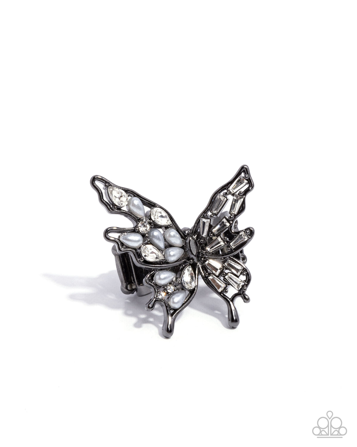 Aerial Allure Gunmetal Black & White Pearl & Rhinestone Butterfly Ring - Paparazzi Accessories-ring - lightbox - CarasShop.com - Paparazzi Jewelry by Cara Jewels
