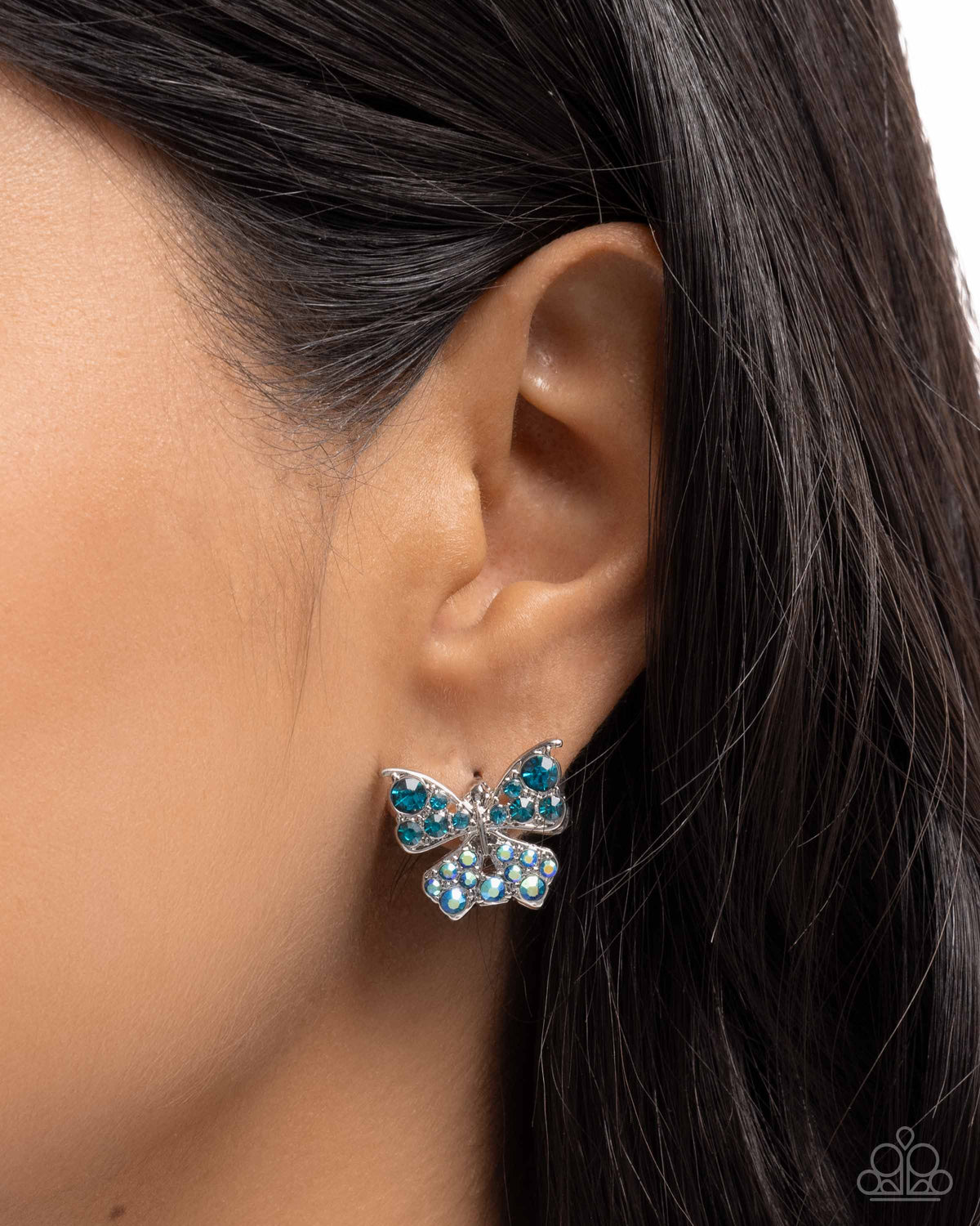 Aerial Apprentice Blue Rhinestone Butterfly Hinge Hoop Earrings - Paparazzi Accessories-on model - CarasShop.com - Paparazzi Jewelry by Cara Jewels