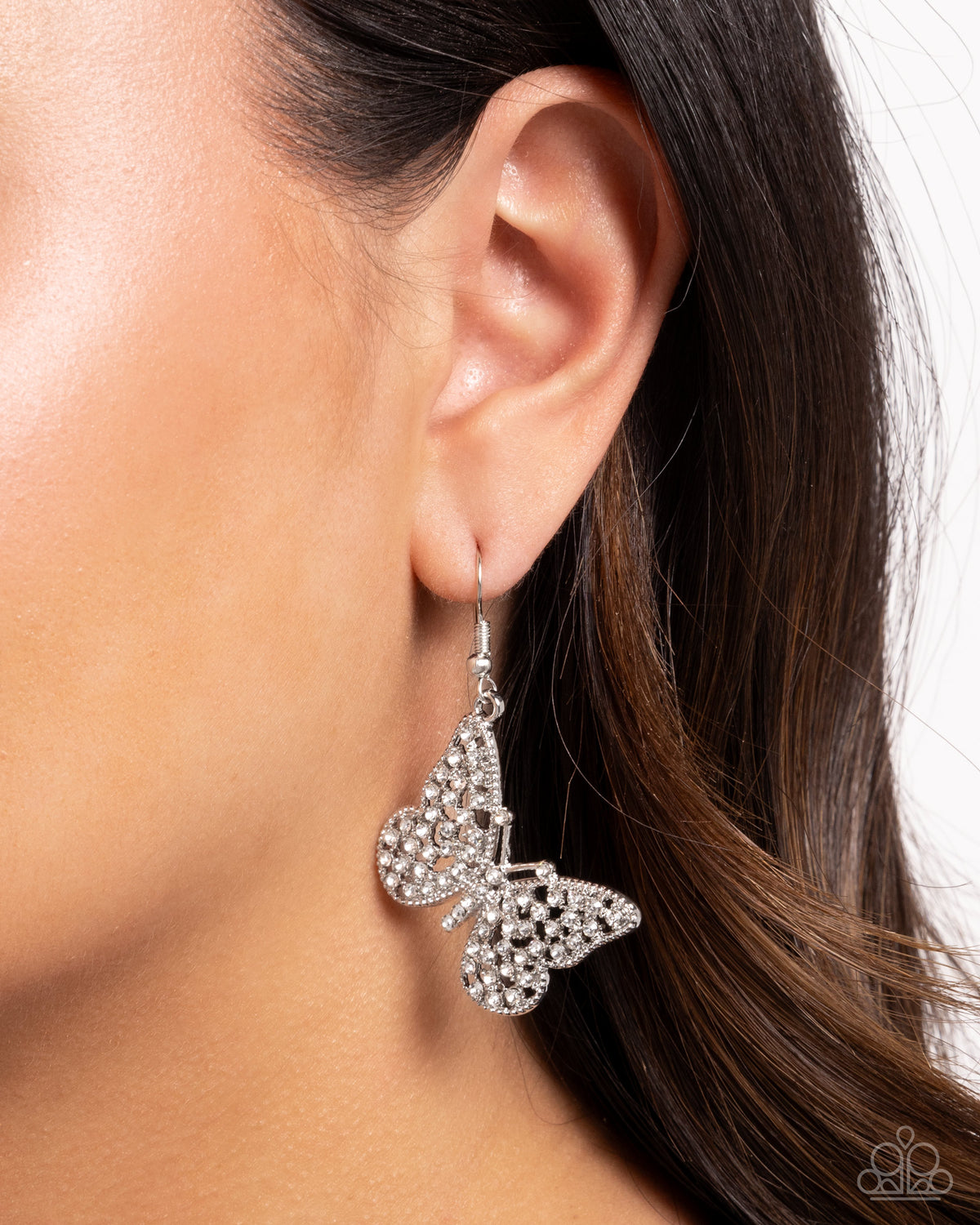 Aerial Audience White Rhinestone Butterfly Earrings - Paparazzi Accessories- on model - CarasShop.com - Paparazzi Jewelry by Cara Jewels