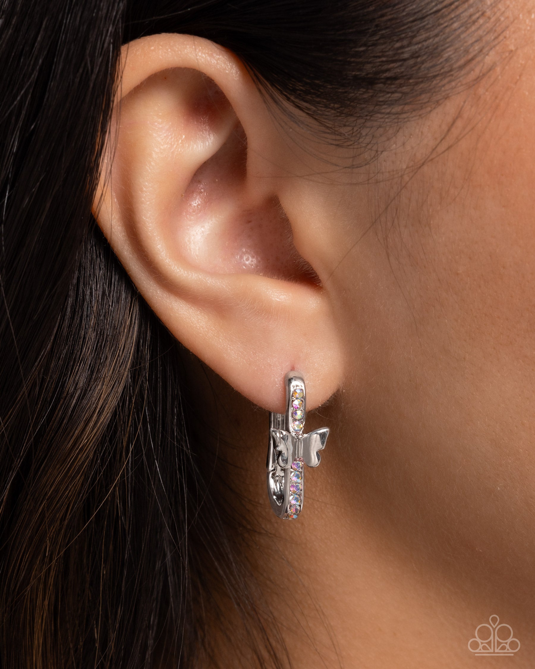 Aerial Authority Multi Iridescent Rhinestone Butterfly Hoop Earrings - Paparazzi Accessories- lightbox - CarasShop.com - Paparazzi Jewelry by Cara Jewels