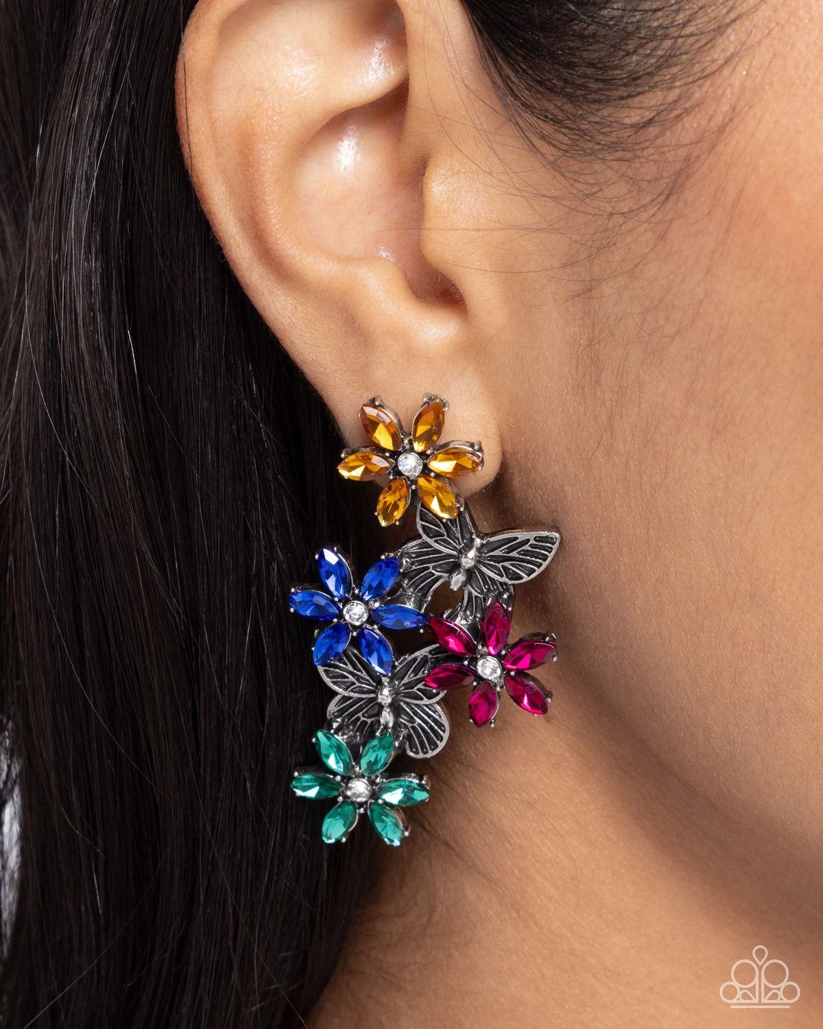 Aerial Award Multi Rhinestone & Butterfly Earrings - Paparazzi Accessories-on model - CarasShop.com - Paparazzi Jewelry by Cara Jewels