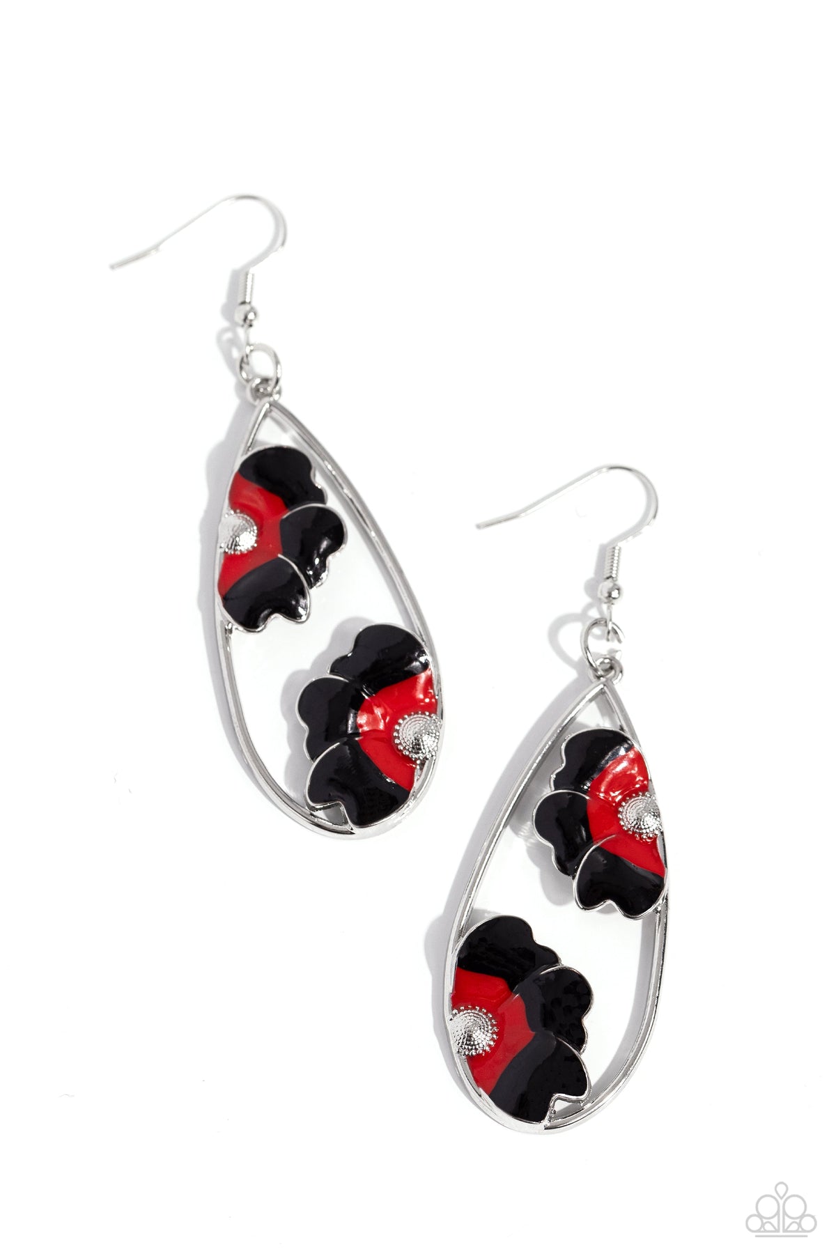 Airily Abloom Black & Red Flower Earrings - Paparazzi Accessories- lightbox - CarasShop.com - Paparazzi Jewelry by Cara Jewels