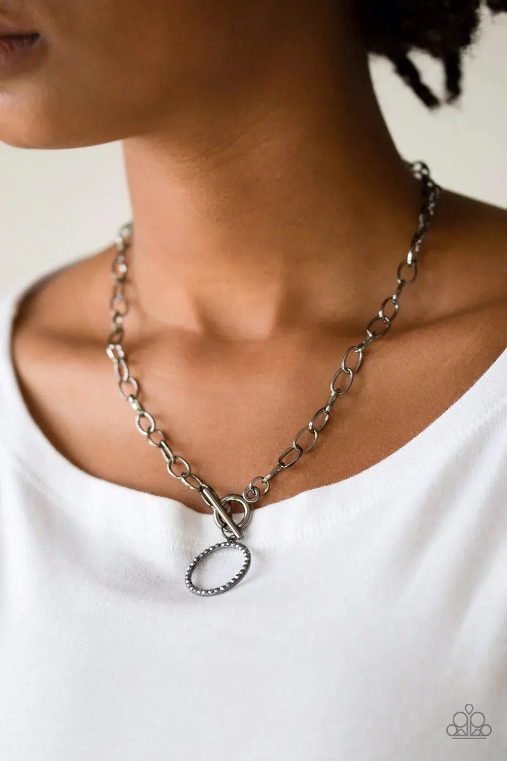 All In Favor Gunmetal and Hematite Black Necklace - Paparazzi Accessories- on model - CarasShop.com - Paparazzi Jewelry by Cara Jewels
