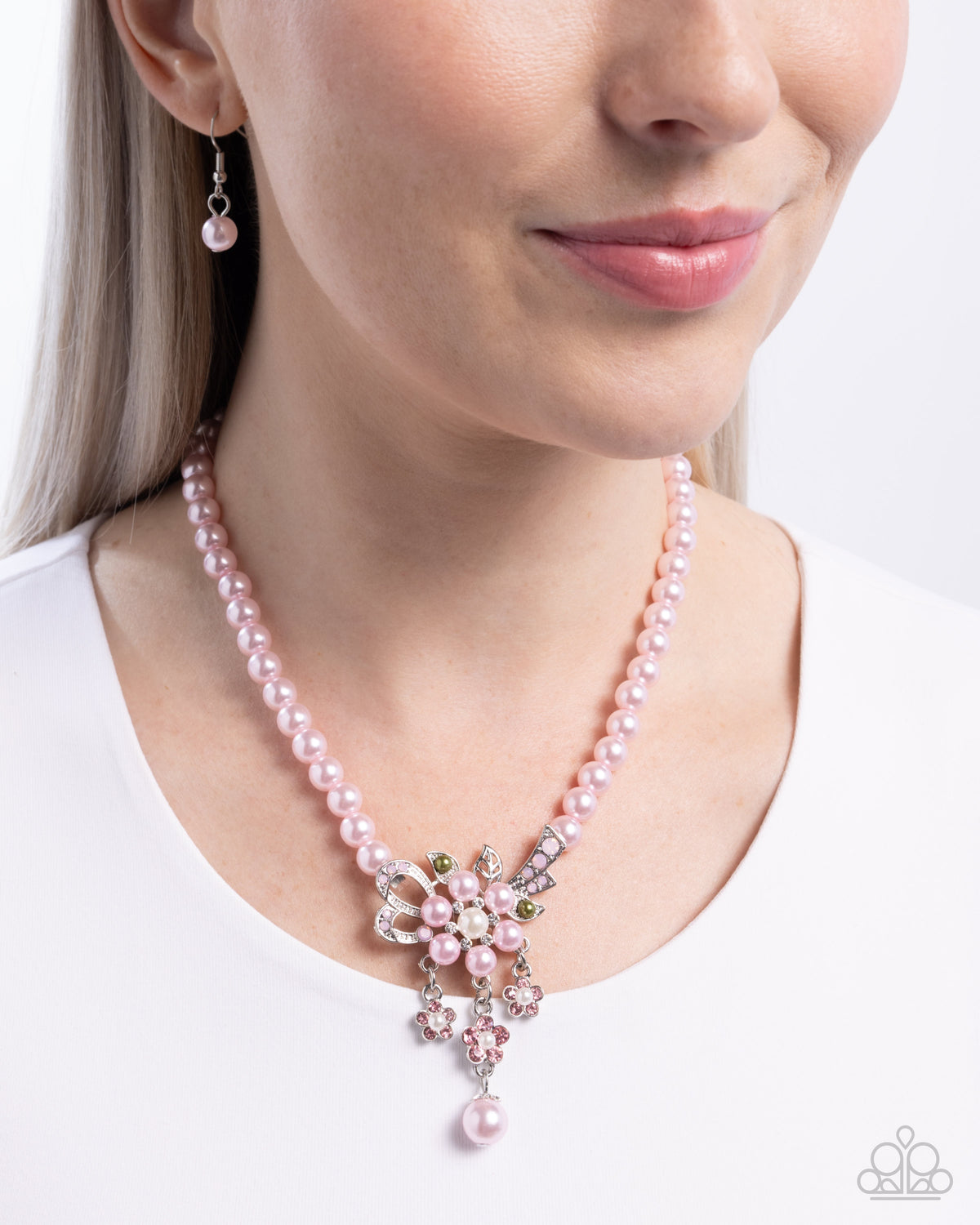 All Over TON Pink Pearl Necklace - Paparazzi Accessories- on model - CarasShop.com - Paparazzi Jewelry by Cara Jewels