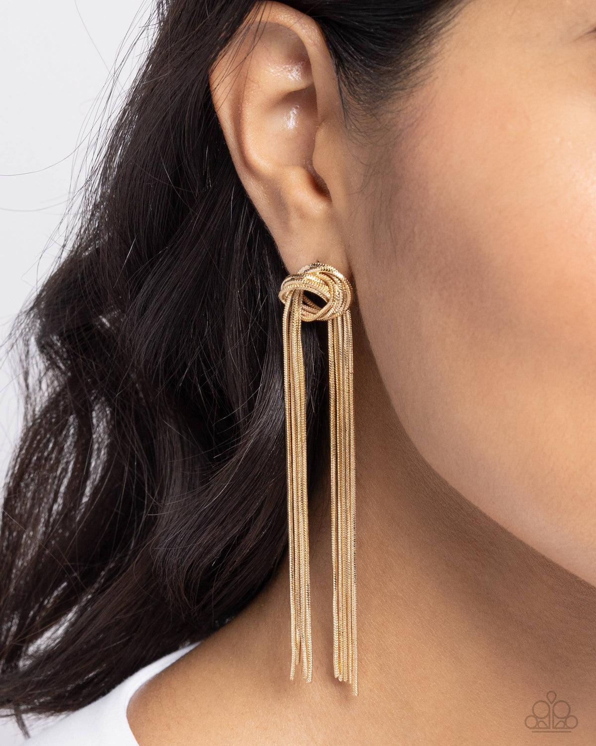 All STRANDS On Deck Gold Earrings - Paparazzi Accessories- on model - CarasShop.com - Paparazzi Jewelry by Cara Jewels