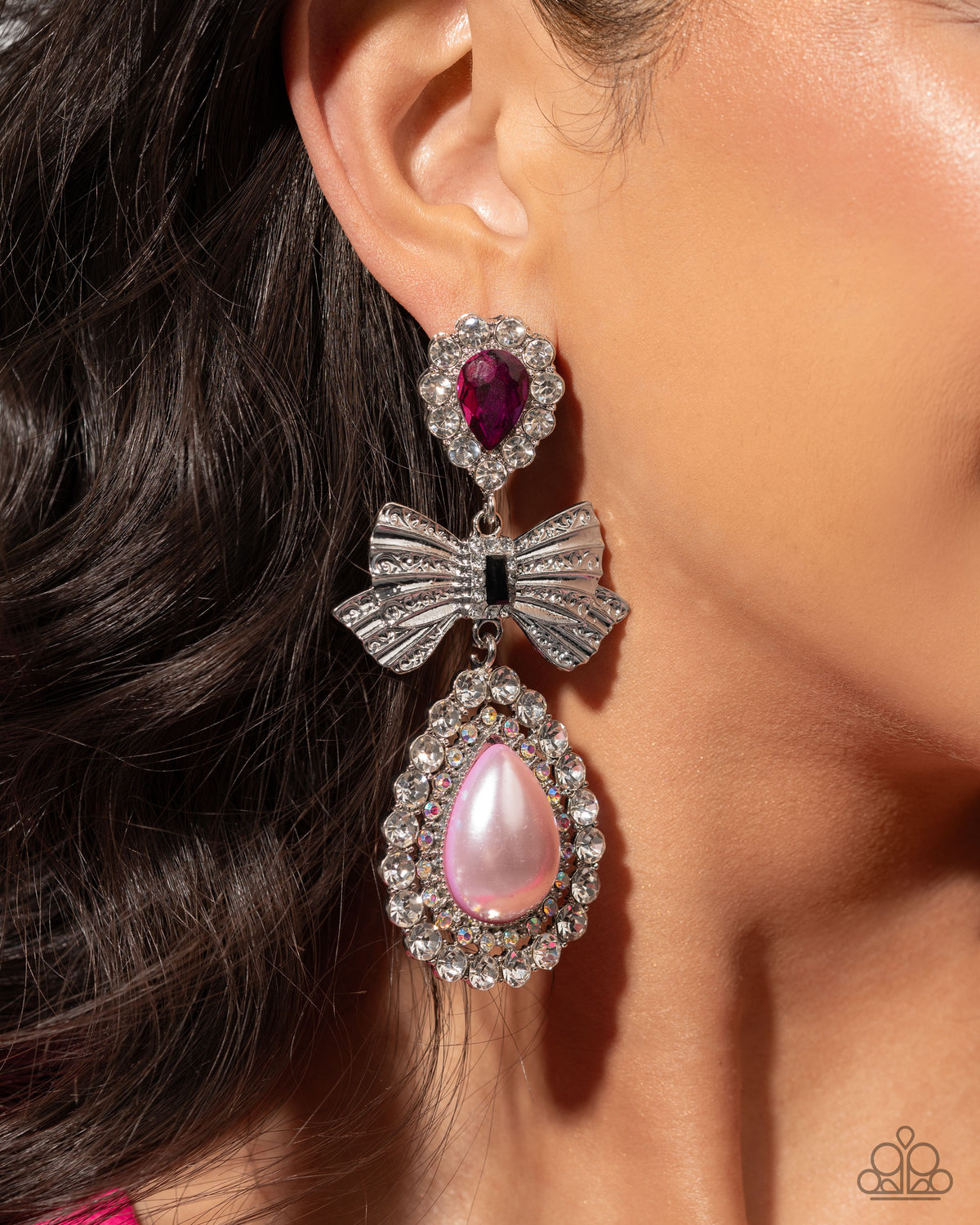 Alluring Aesthetic Multi Pink Pearl & Rhinestone Earrings - Paparazzi Accessories- on model - CarasShop.com - Paparazzi Jewelry by Cara Jewels