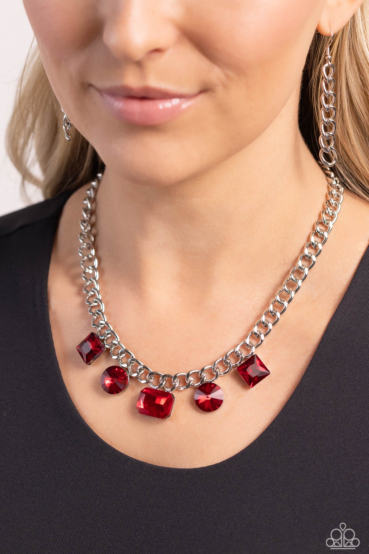 Alternating Audacity Red Rhinestone Necklace - Paparazzi Accessories- on model - CarasShop.com - Paparazzi Jewelry by Cara Jewels