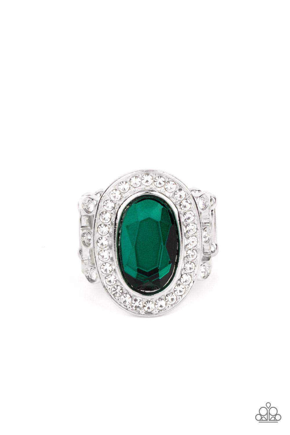 Always OVAL-achieving Green Rhinestone Ring - Paparazzi Accessories- lightbox - CarasShop.com - Paparazzi Jewelry by Cara Jewels