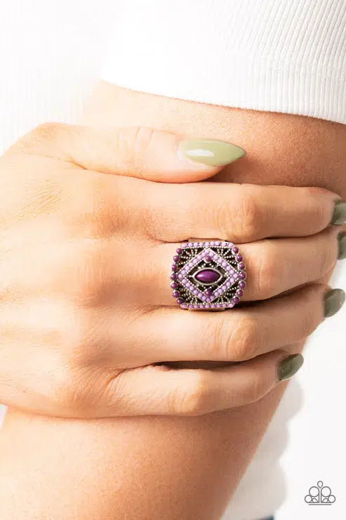 Amplified Aztec Purple Ring - Paparazzi Accessories- on model - CarasShop.com - Paparazzi Jewelry by Cara Jewels