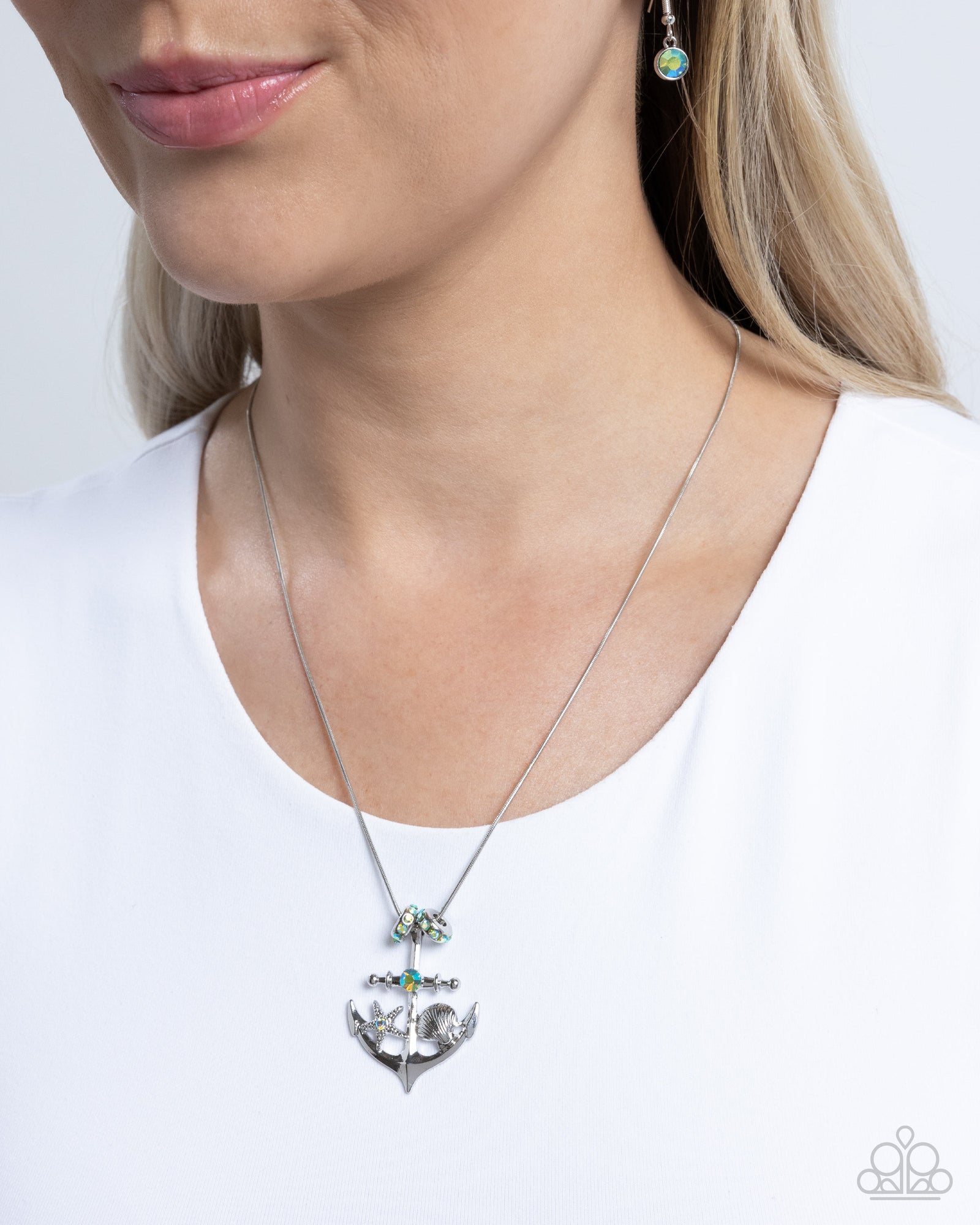 Anchored Accent Green Iridescent Rhinestone Nautical Necklace - Paparazzi Accessories- lightbox - CarasShop.com - Paparazzi Jewelry by Cara Jewels