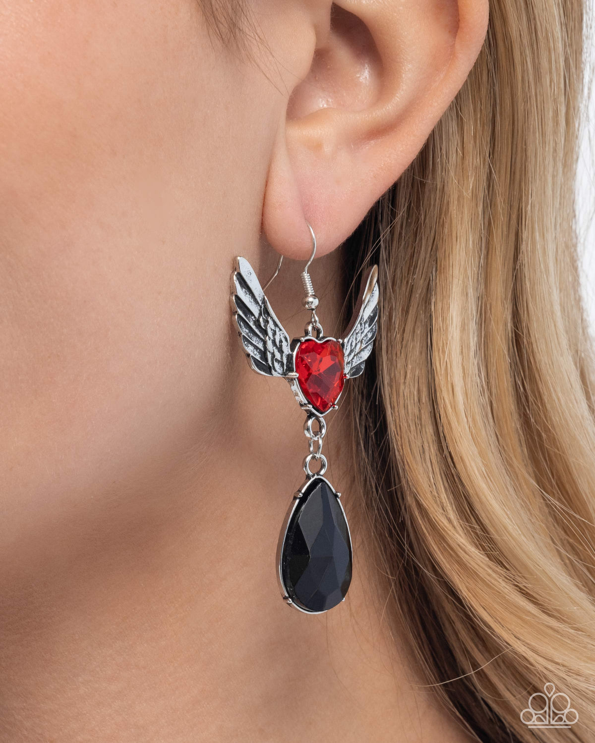 Angelic Accomplishment Red & Black Gem Earrings - Paparazzi Accessories- on model - CarasShop.com - Paparazzi Jewelry by Cara Jewels