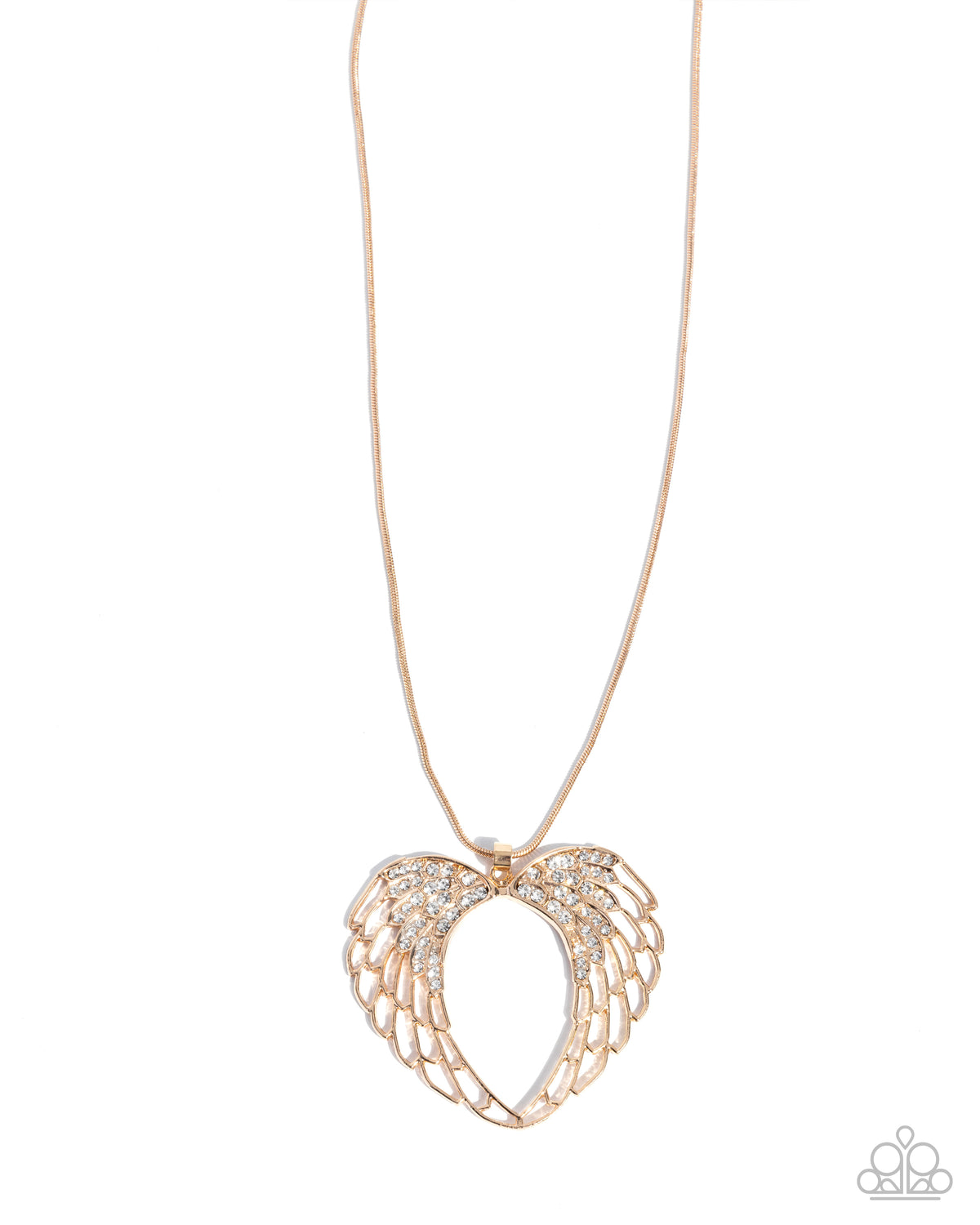 Angelic Accuracy Gold & White Rhinestone Angel Wing Heart Necklace - Paparazzi Accessories- lightbox - CarasShop.com - Paparazzi Jewelry by Cara Jewels